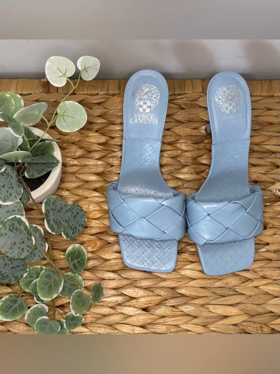 Vince Camuto Light Blue Woven Slide Heels - Picture 3 of 15